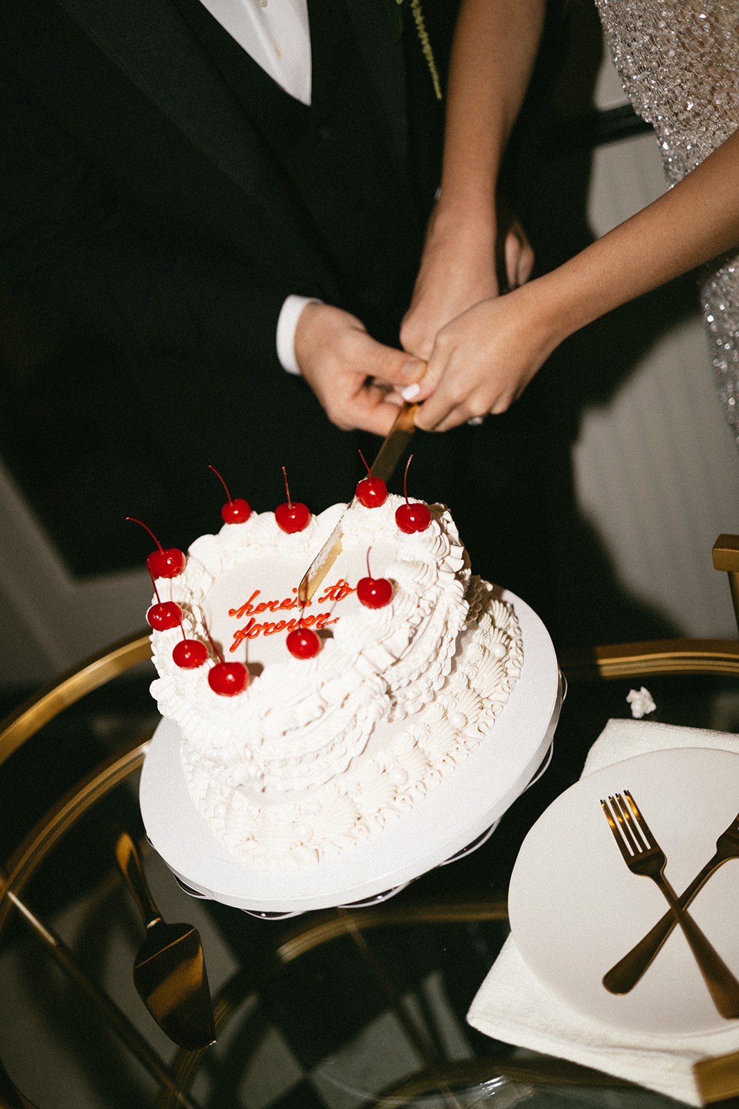closeup of bride and groom cutting their wedding cake during their reception at the estelle nashville